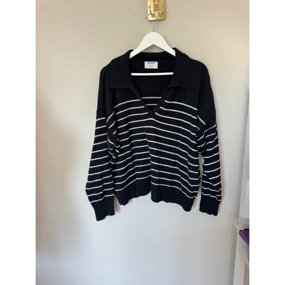 Black White‎ Striped Polo Collar V-Neck Oversized Knit Sweater Long Sleeve - Picture 8 of 9